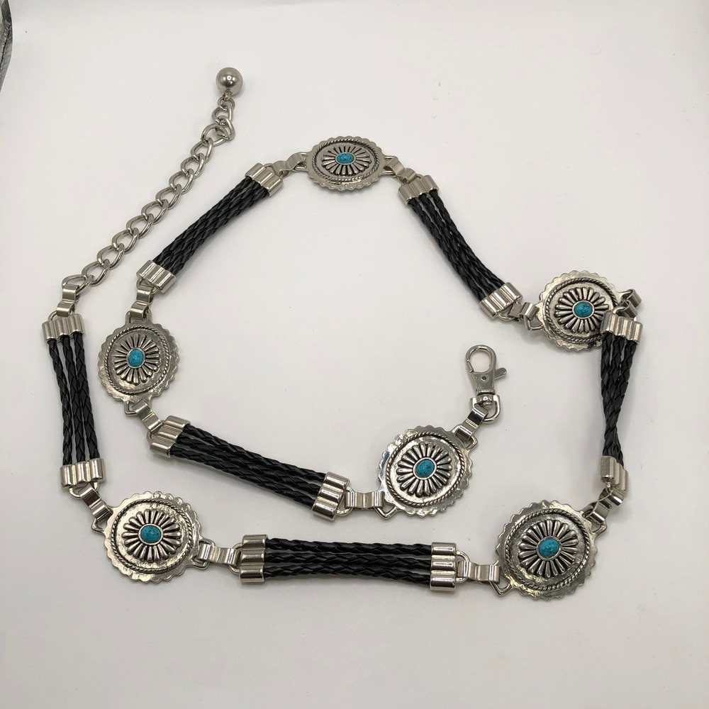 Western Silver Turquoise Concho Chain Belt Black Braided Boho Southwestern 46in